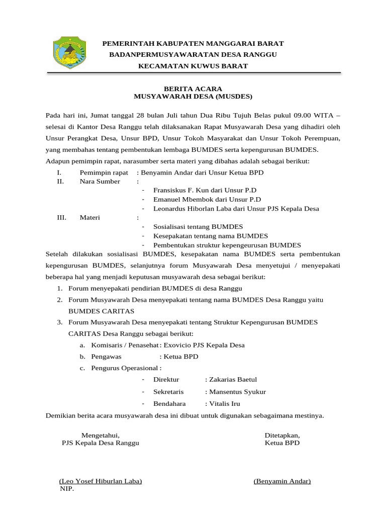 Berita Acara Musyawarah Desa Ranggu | PDF
