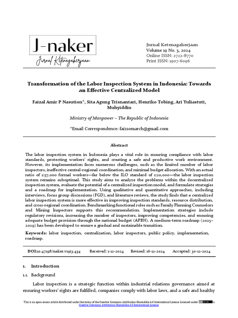 Transformation of the Labor Inspection System in Indonesia Towards an ...