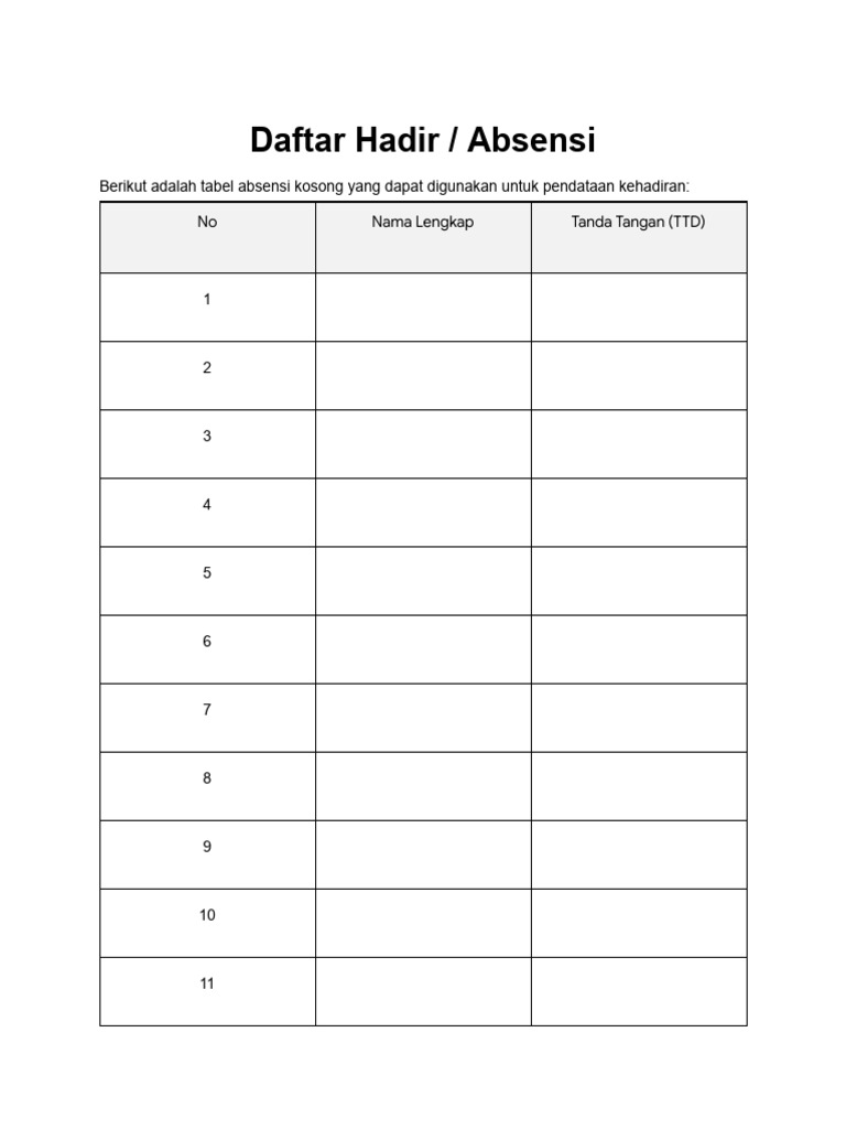 Tabel Absensi Kosong 15 Baris | PDF