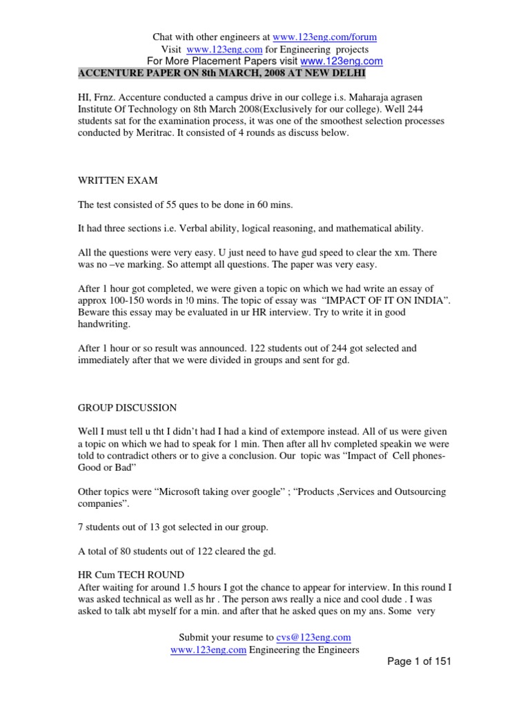 Accenture Placement Papers Test Assessment Essays