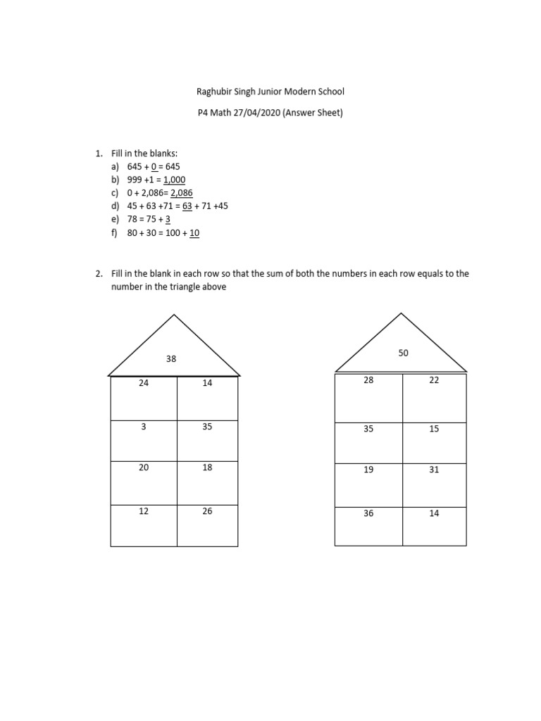P4Math Answer Sheet 27.4.2020 | PDF