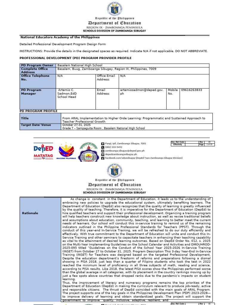 Detailed-PDP-Program-Design-ARAL-BAsalem nhs DAY 1-3 | PDF ...