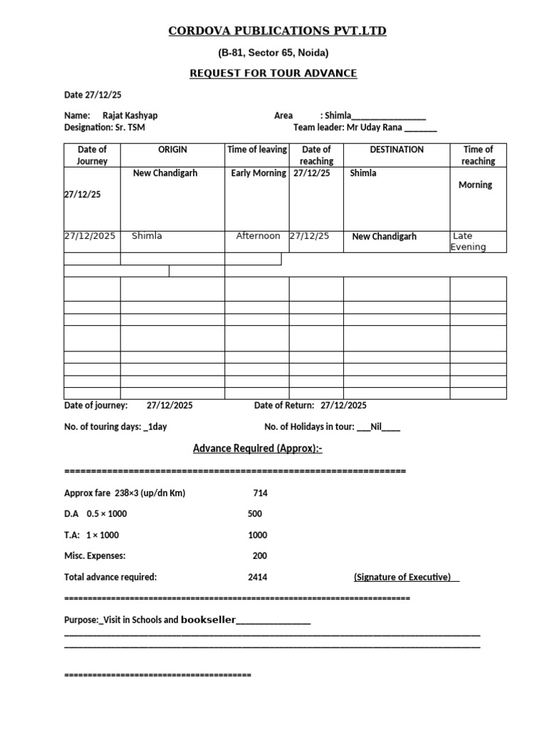 Tour Request Shimla 101225 (1) | PDF