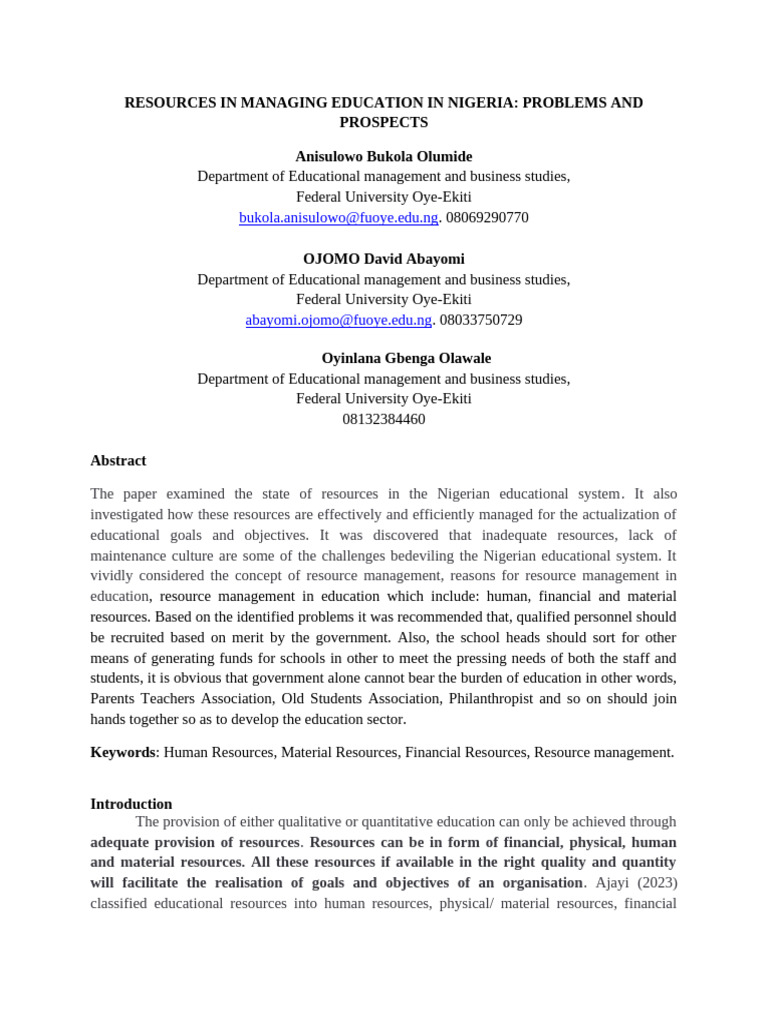 Resources in Managing Education in Nigeria | PDF | Employment | Human ...
