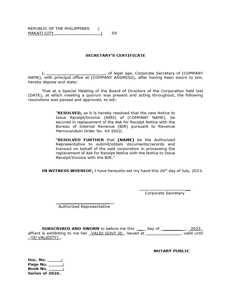 Board Resolution_BIR Notice to Issue Receipt - Invoice | PDF