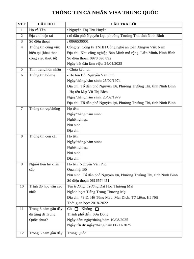 Thông Tin Xin Visa TQ | PDF