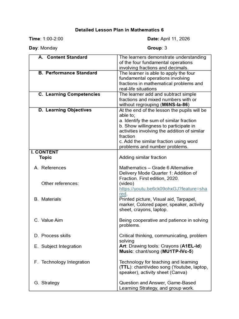MATH-LESSON-PLAN-GROUP3 | PDF | Arithmetic | Mathematics