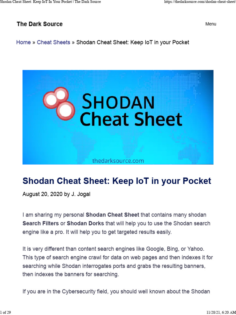 Shodan Cheat Sheet Keep in Your Pocket the Dark Source | PDF | Command ...