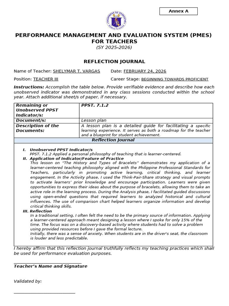 Reflection Journal Template | PDF | Lesson Plan | Performance Appraisal