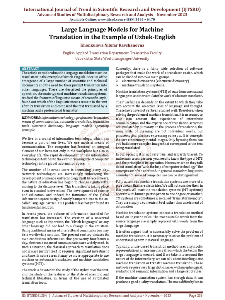 Large Language Models for Machine Translation in the Example of Uzbek ...