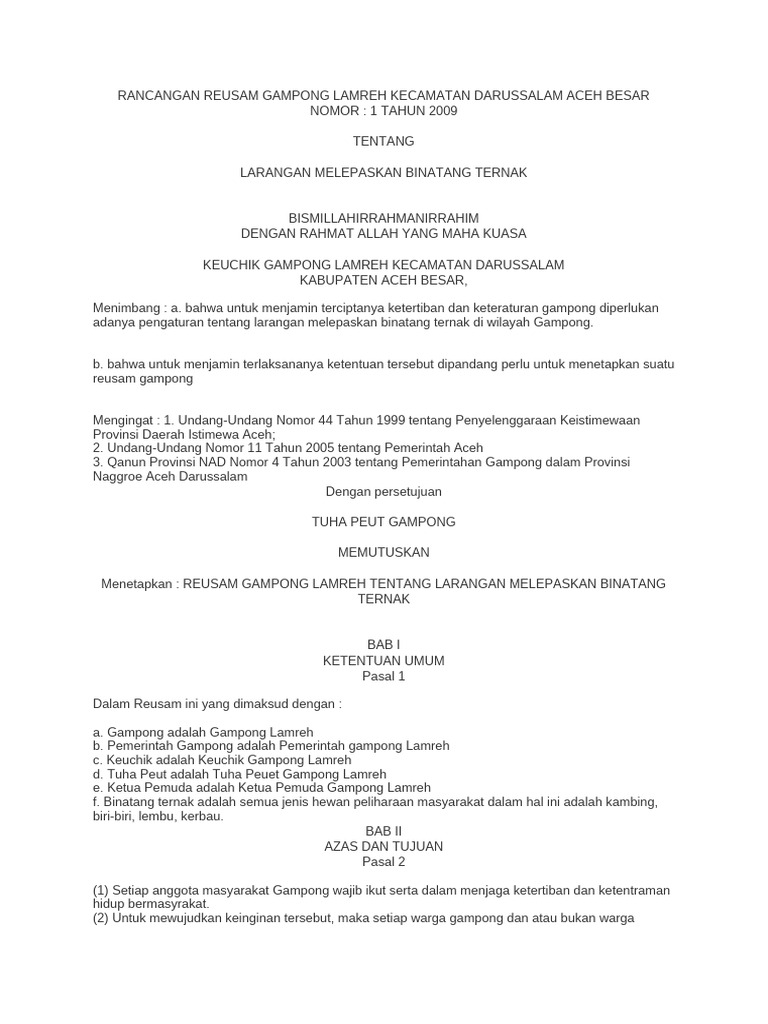 Rancangan Reusam Gampong Lamreh Kecamatan Darussalam Aceh Besar | PDF