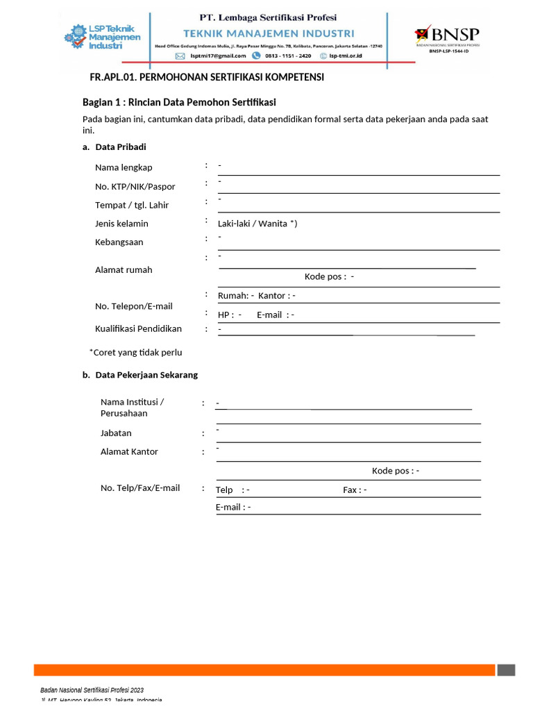 FR - Apl 01. Permohonan Sertifikasi Kompetensi (TTD Admin - Asesi) | PDF