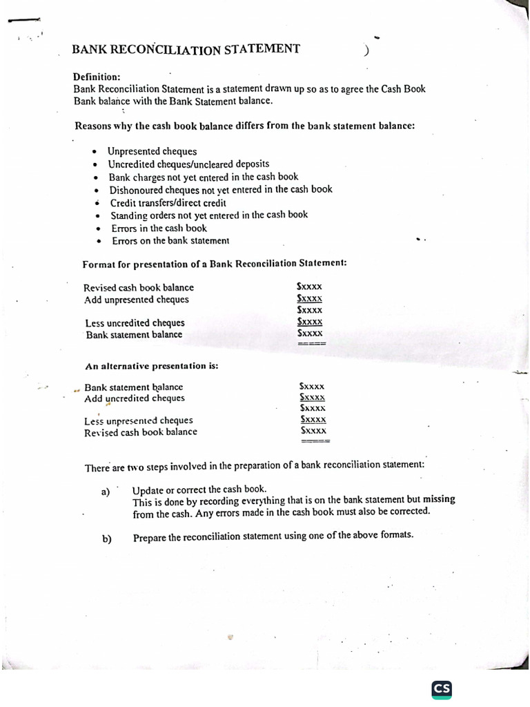 Bank Reconciliation Statements Notes | PDF