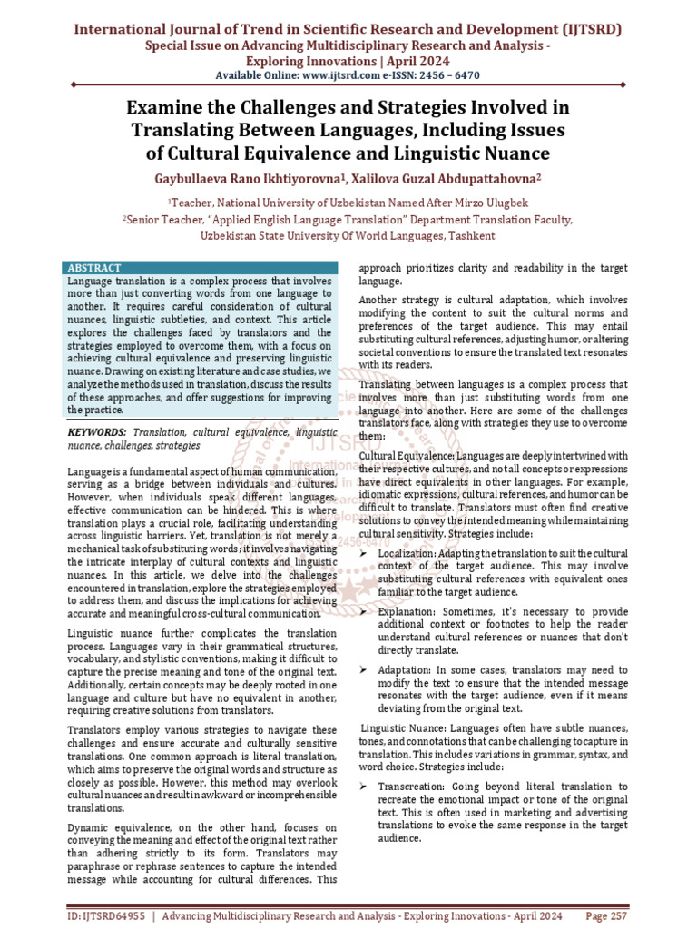 Examine the Challenges and Strategies Involved in Translating Between ...