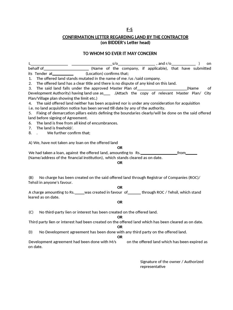 Confirmation Letter for Land by Contractor F-5 | PDF | Chess Openings ...