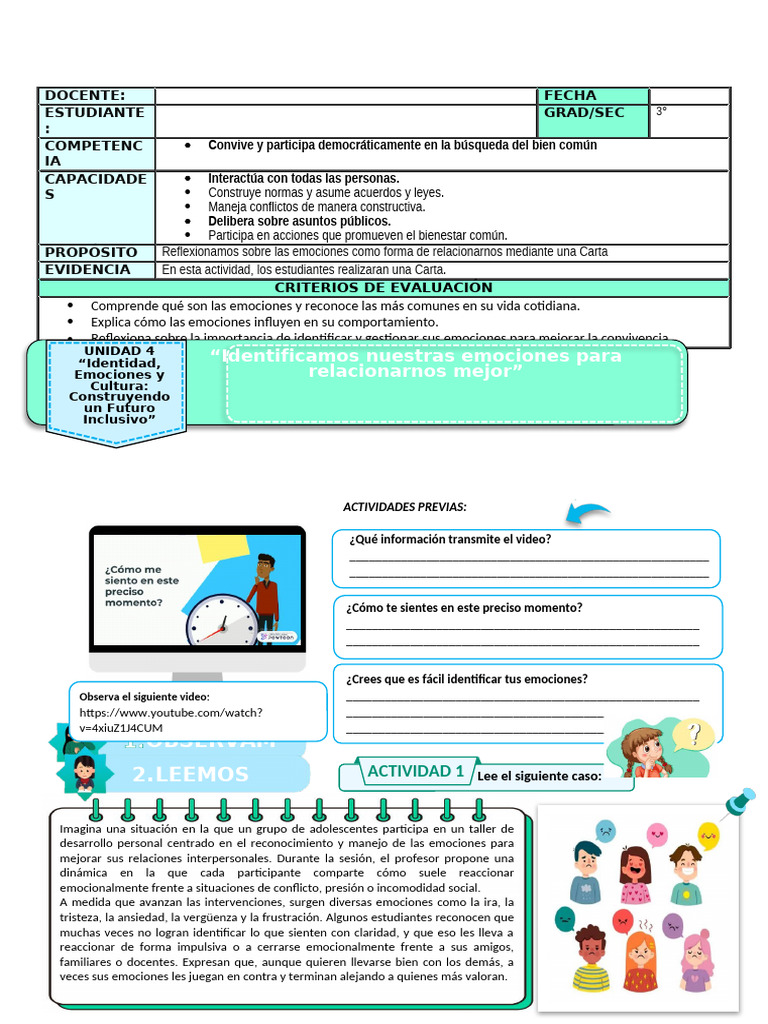 4 Ficha Sem 2 Uni 4 - Dpcc 2025_3ºgrado 14 | PDF | Las emociones ...