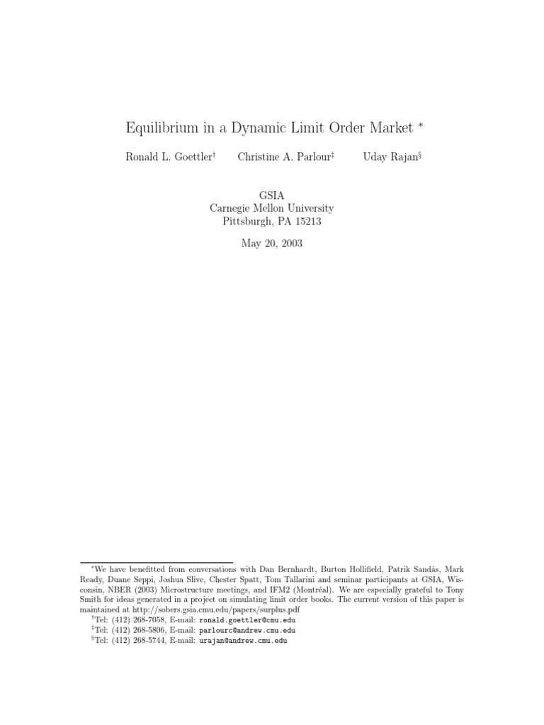 Equilibrium in a Dynamic Limit Order Mar | PDF | Market (Economics ...