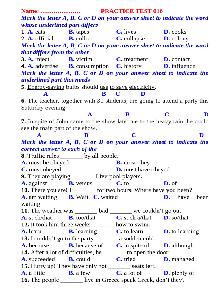 16. Practice Test 016.2020 | PDF | Clock