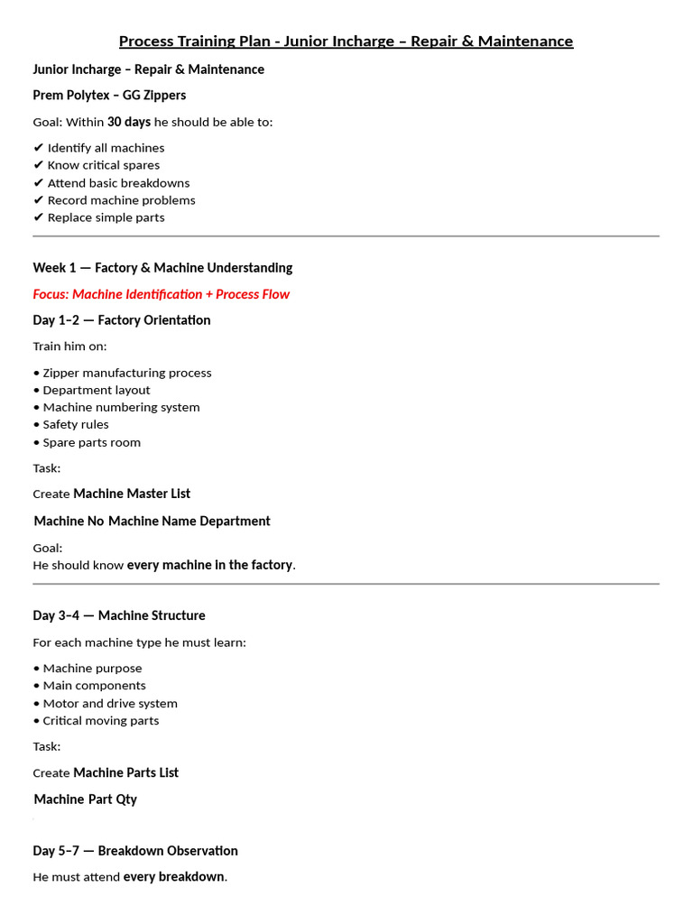 3. English Process Training Plan - Jr. Repair & Maintenance Incharge ...