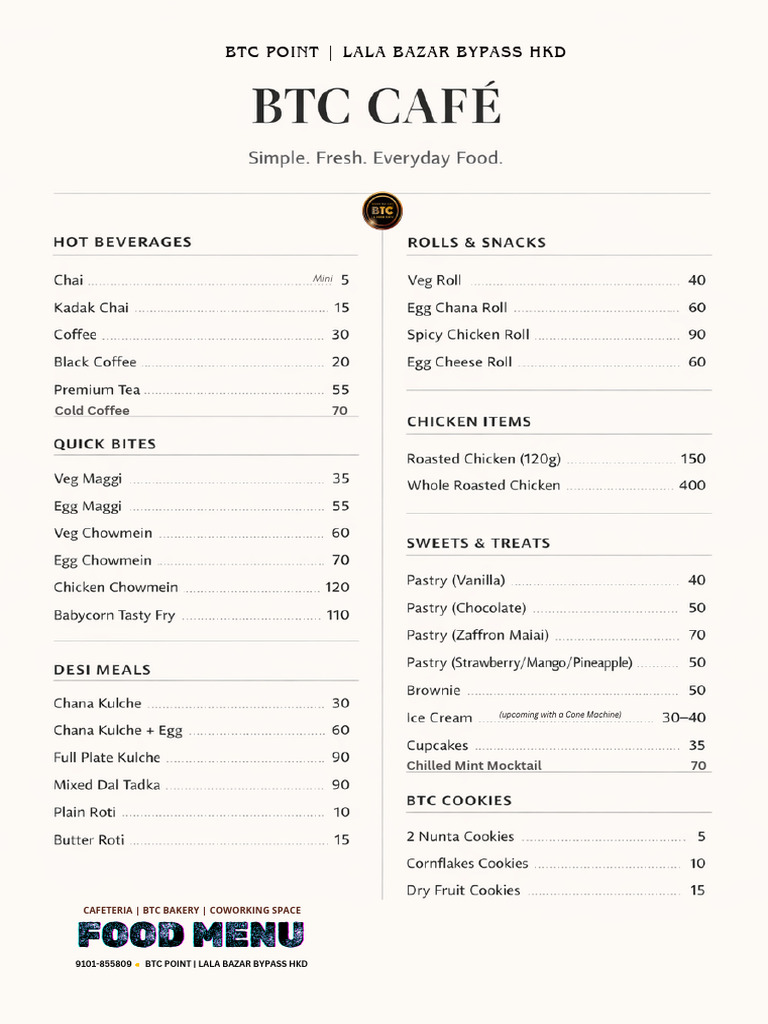 BTC Cafe Food Menu 2026 | PDF