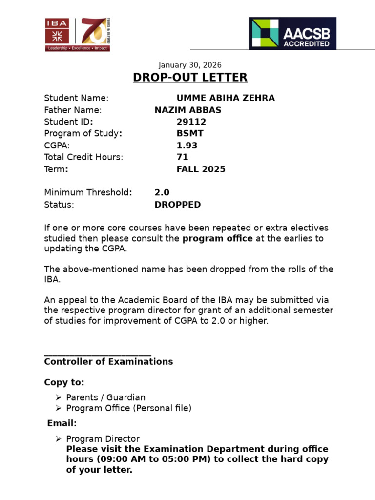 Warning Dropped Letter - Main Campus (Fall 2025) | PDF