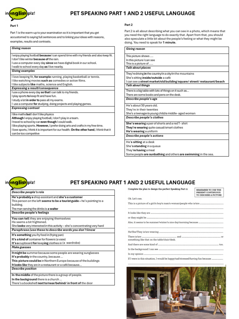 PET SPEAKING PART 1 AND 2 USEFUL LANGUAGE | PDF