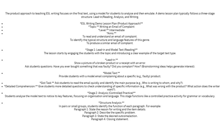 The Product Approach to Teaching ESL Writing Focuses on the Final Text ...