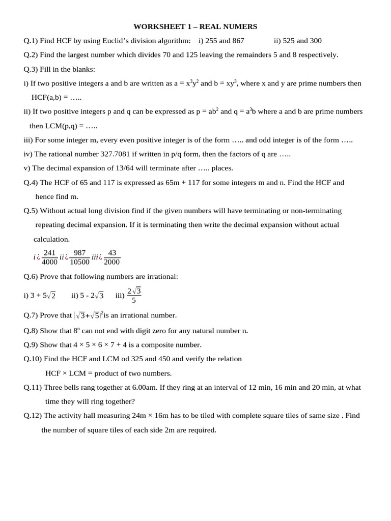 Wk 1 Cl 10 Real Numbers | PDF