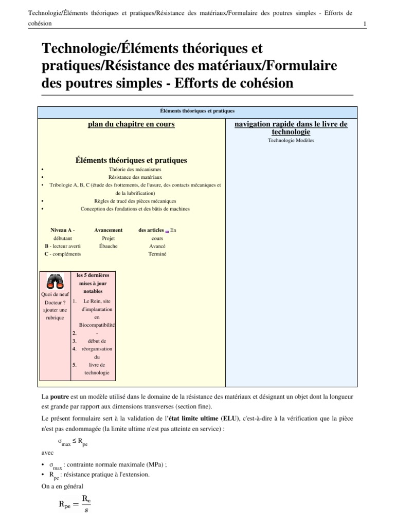 Formulaire poutres simples cohésion PDF Flexion (matériau — free download