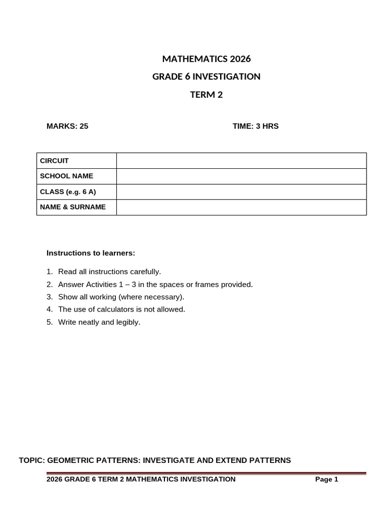 Grade 6 Mathematics Investigation Term 2 2026 Geometric Patterns | PDF ...