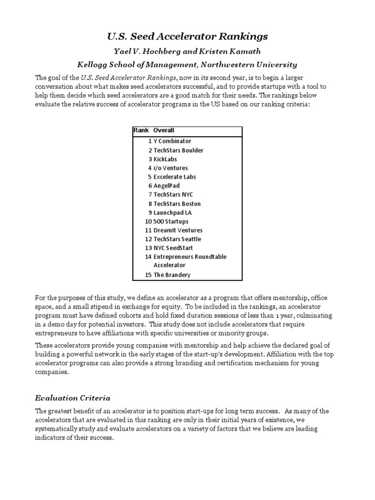 Startup Accelerator Rankings Methodology & Companion Report Kellogg