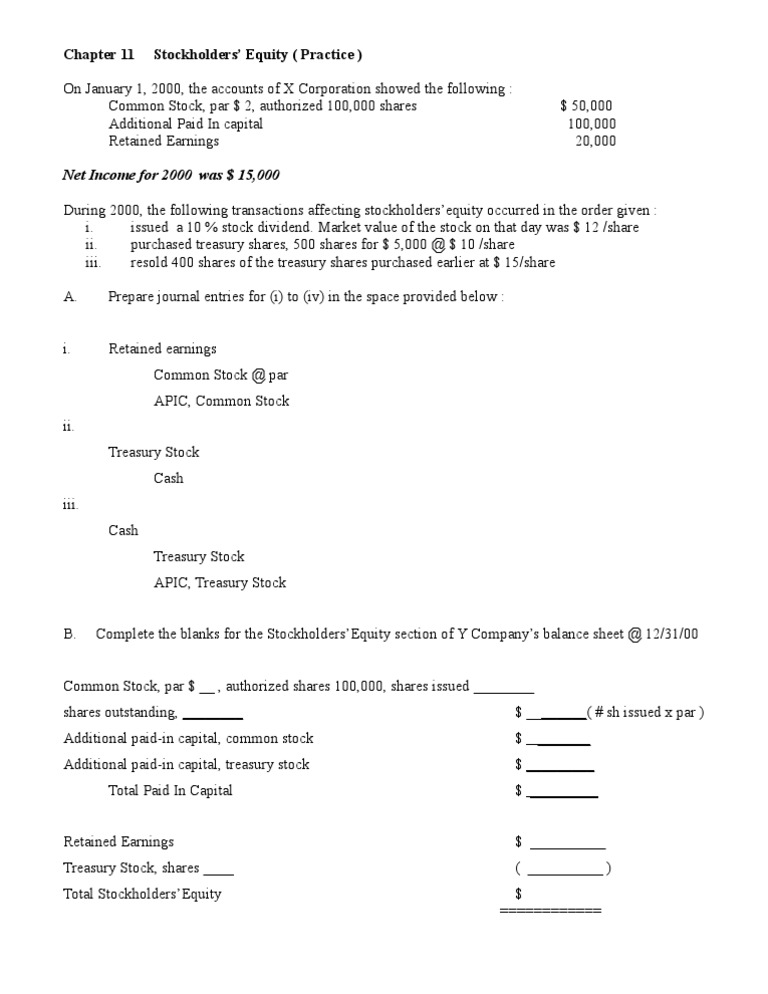 Stockholders' Equity Journal Entries Guide | PDF | Finance & Money ...