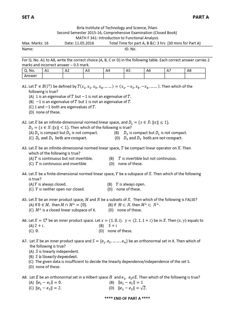 Functional Analysis Compre Paper (2015-16) | PDF | Linear Algebra ...