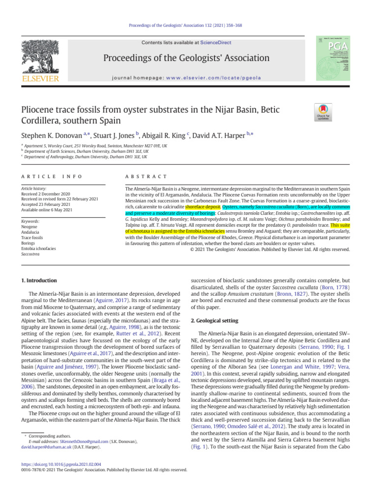 Donovan Et Al (2021) Pliocene Trace Fossils From Oyster Substrates in ...
