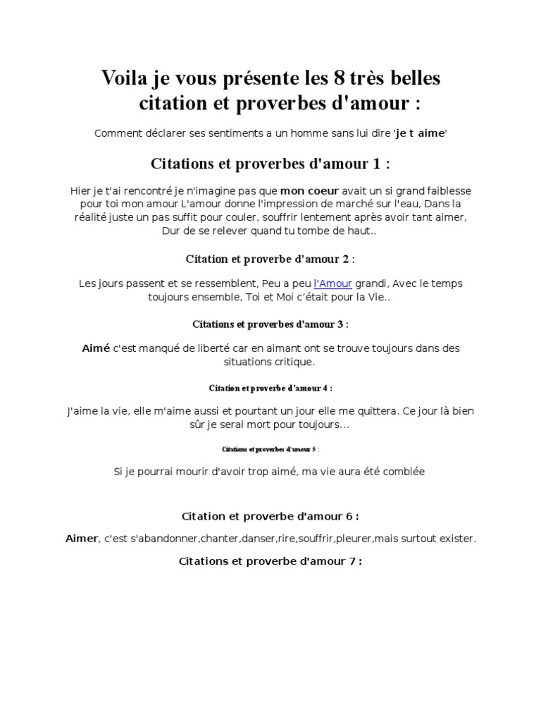 Voila Je Vous Presente Les 8 Tres Belles Citation Et Proverbes D Amour
