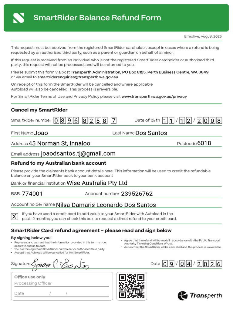 Transperth - SmartRider Balance Refund Forms | PDF | Financial ...