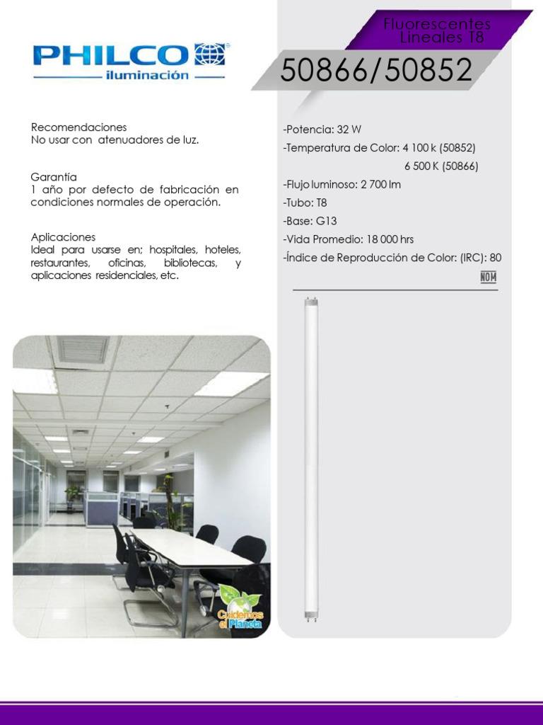 Ficha Técnica Tubo Fluorescente 32 Watts T8 6500K Philco 50866 50852 | PDF