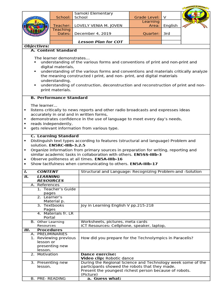 English 5 for cot 1 | PDF | Learning | Communication