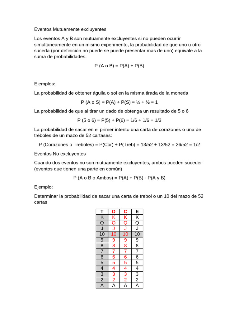 Eventos Mutuamente Excluyentes | PDF | Números | Matemáticas Aplicadas