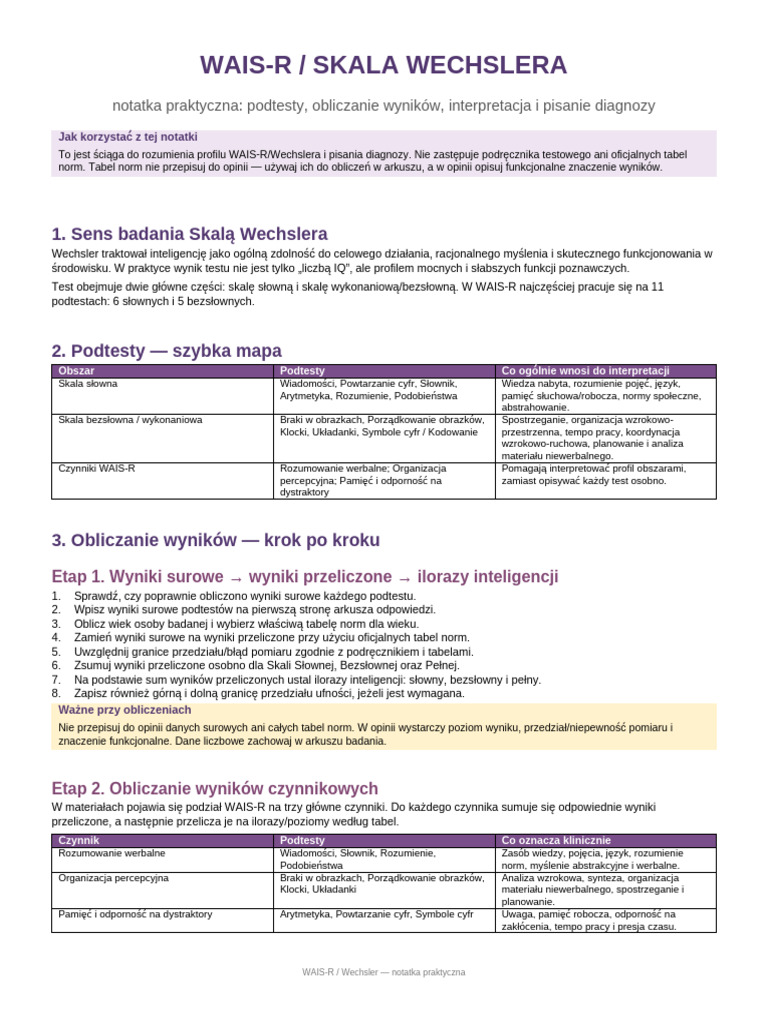 WAIS R Wechsler Notatka Praktyczna Obliczanie Interpretacja Diagnoza | PDF