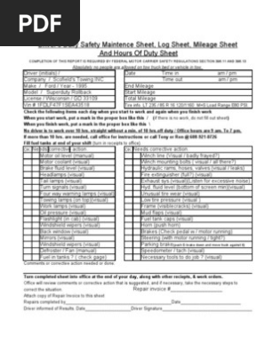 Drivers Daily Check Sheet Log Sheet Mileage Sheet