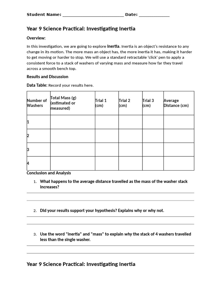 Inertia Experiment Worksheet | PDF
