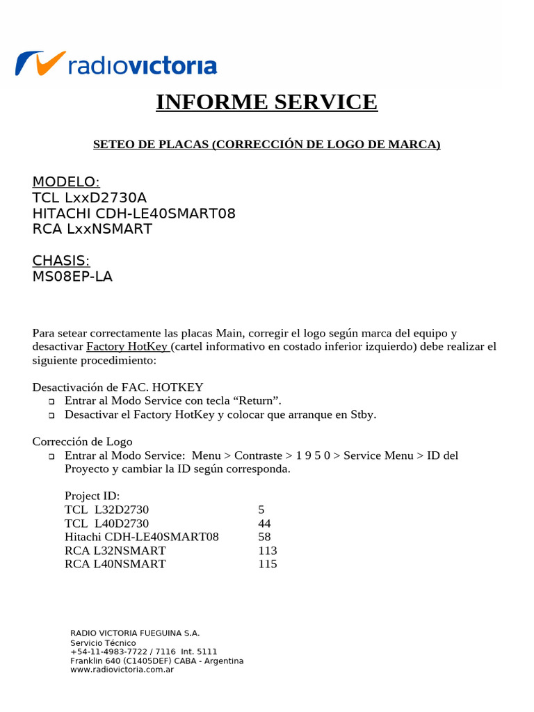Informe Service - TCL D2730 - MS08EP-LA - Seteo Placas | PDF