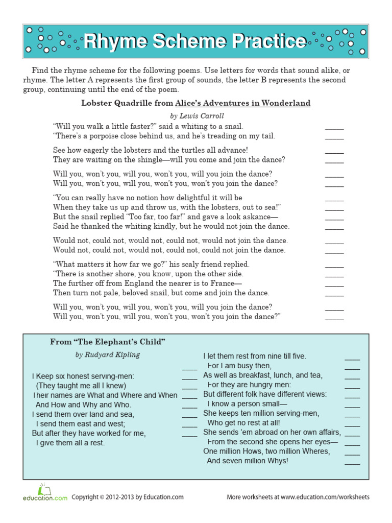 Rhyme Scheme 2 Worksheet | PDF | Alice's Adventures In Wonderland ...
