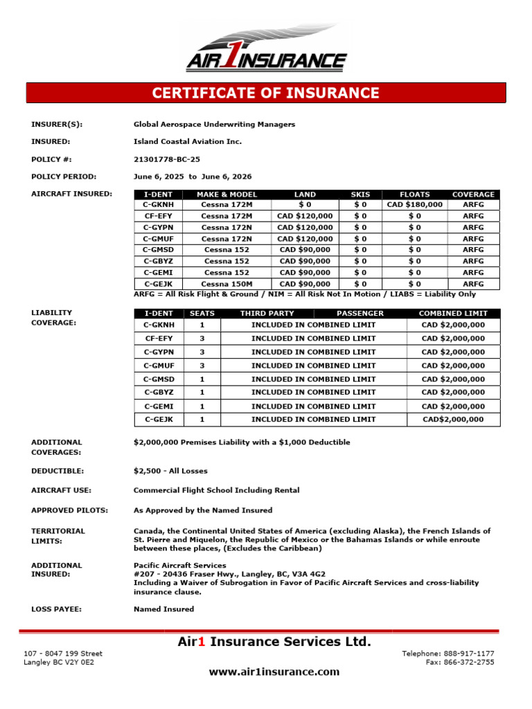 COI_MASTER 2025-2026 | PDF | Insurance | Cessna