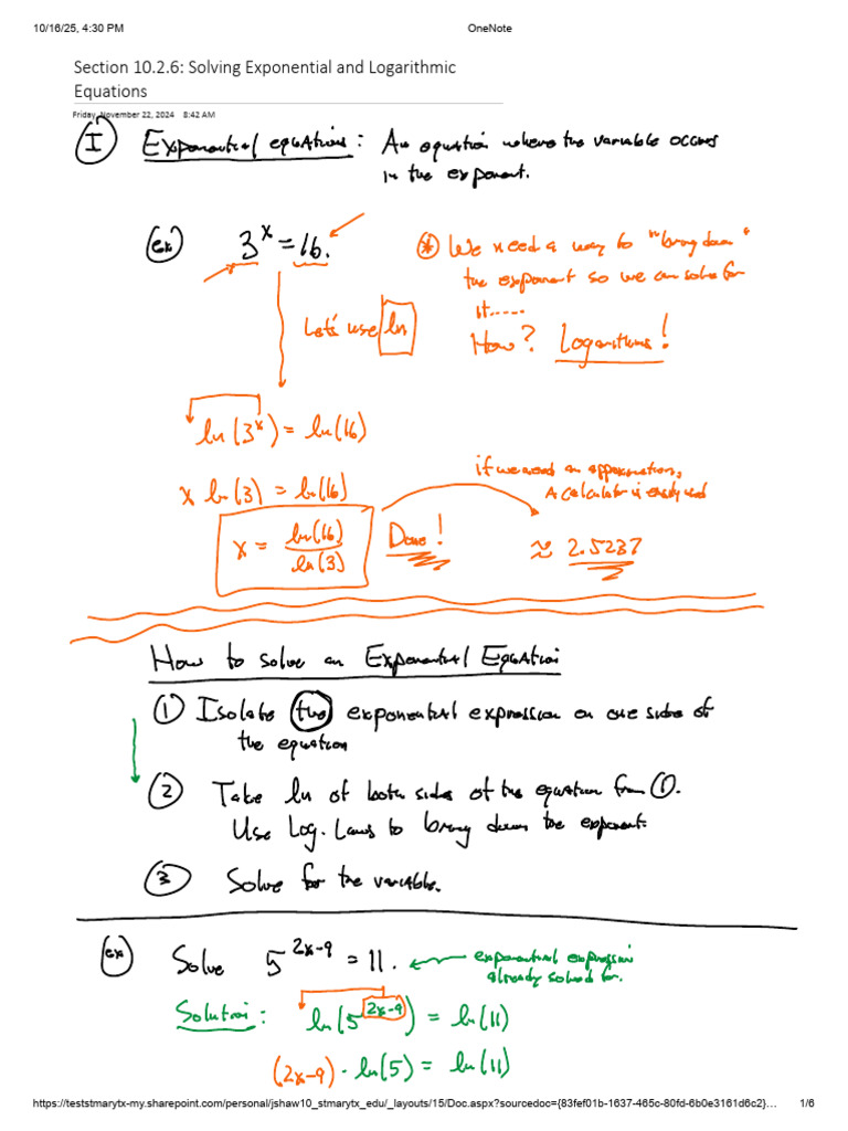 Section 10.2.6 - Solving Exponential and Logarithmic Equations | PDF
