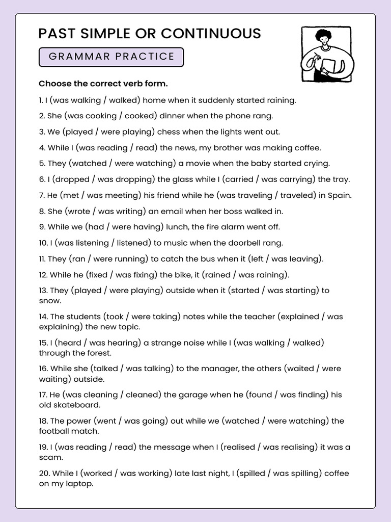 Past Simple or Past Continuous Multiple Choice Grammar Worksheet in ...