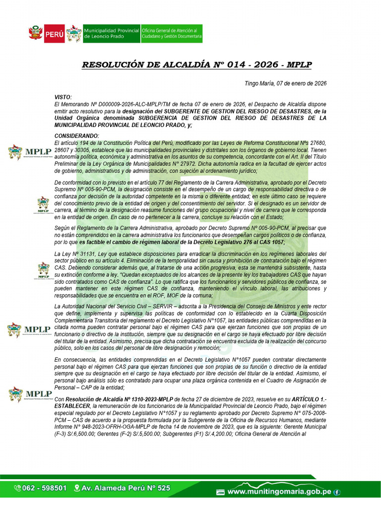Resolucion de Alcaldia n 014-2026-Mplp Designar a Serafin Sgrd a Partir ...