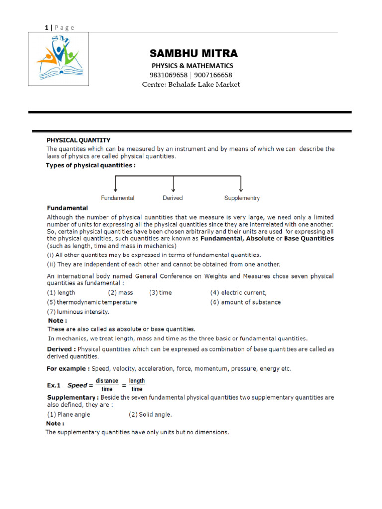 Notes On Unit and Dimensions Class XI | PDF | Force | Quantity