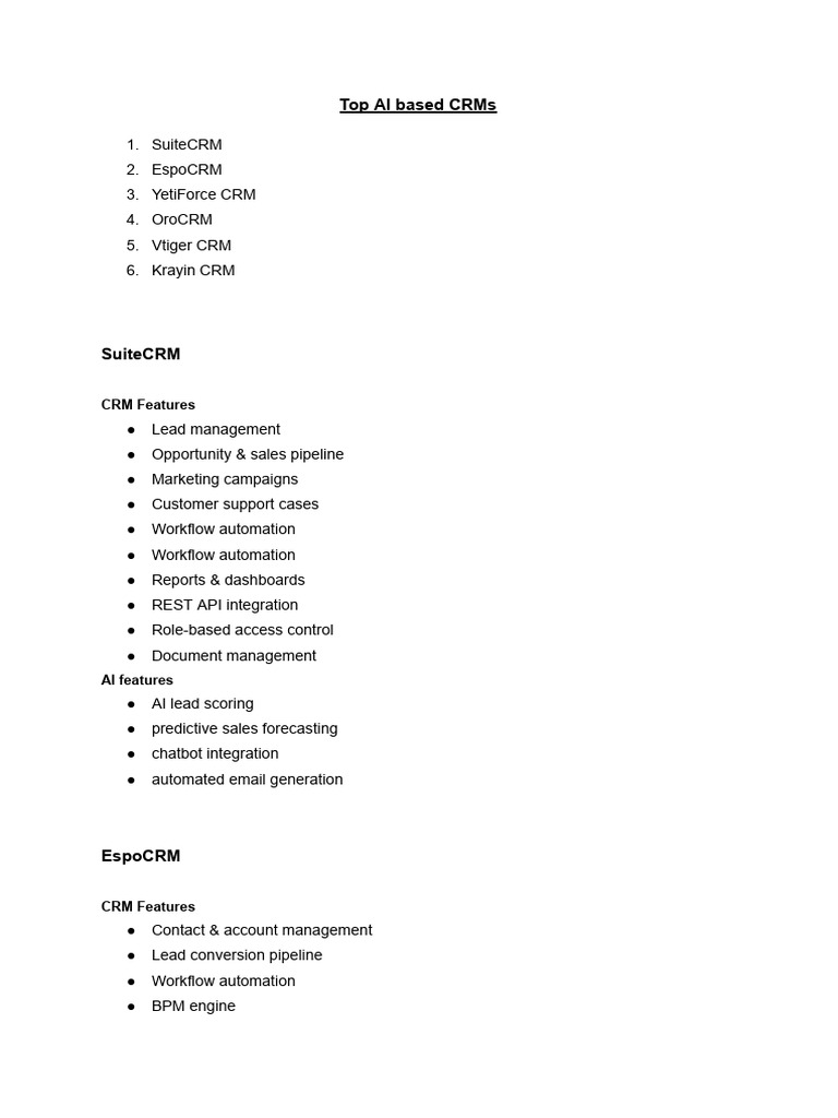 Top AI Based CRM List With Features and Comperison | PDF | Customer ...